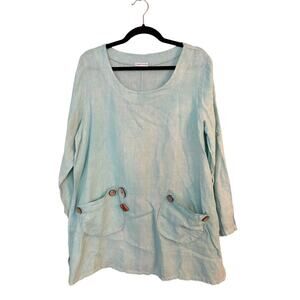 Tempo Paris Linen Top Blouse SM Artsy Lagenlook Made In Italy Blue Coastal